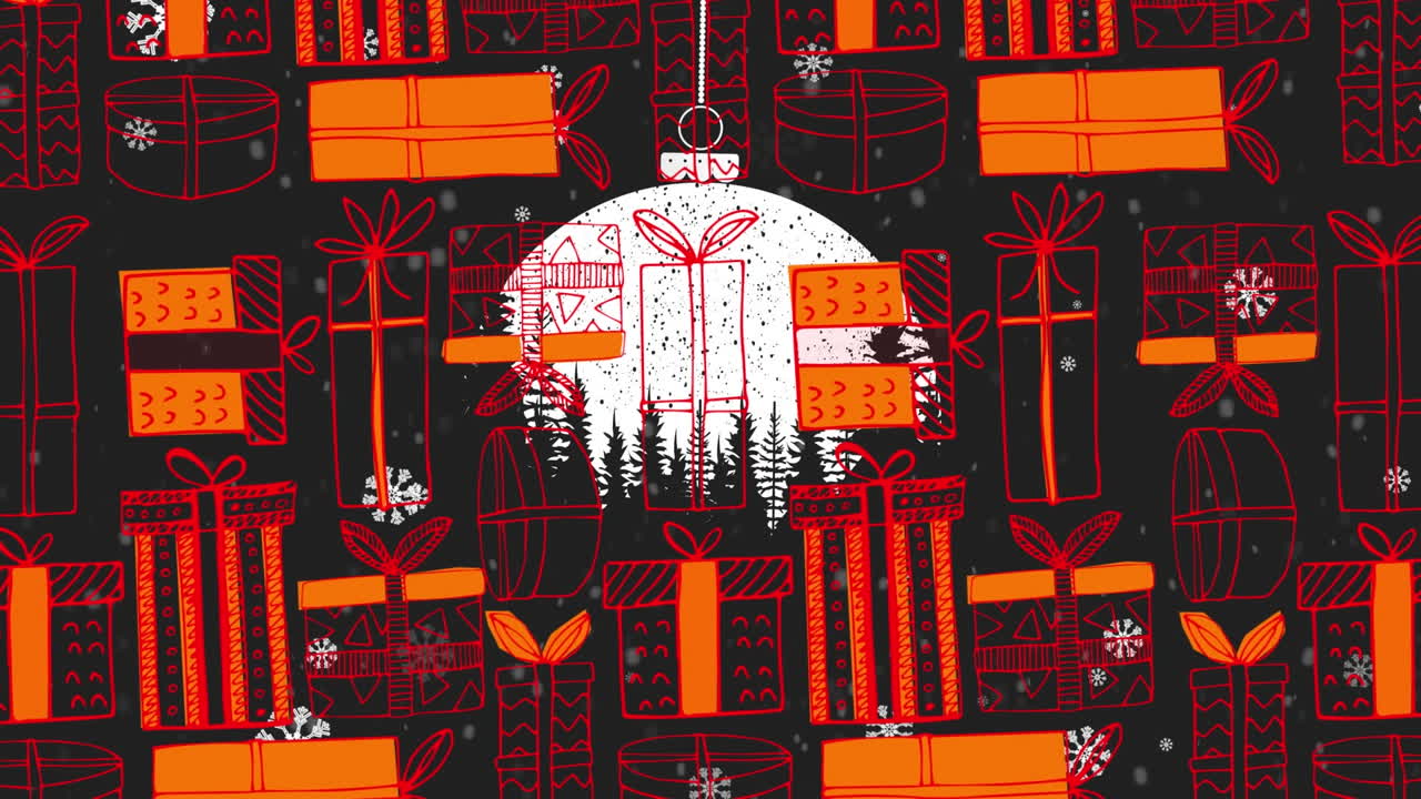 copos de nieve cayendo sobre joyas colgando decoración sobre iconos de regalos de navidad en un patrón sin costuras