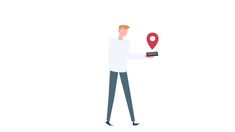 animación de personajes de hombres coloridos. ciclo de caminata masculino con mapa de ubicación de pin de teléfono inteligente.
