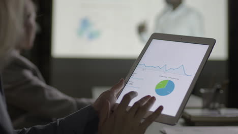 Close-Up-View-Of-Female-Employee-Hands-Touching-On-Tablet-That-Is-Showing-Graphics-And-Stadistics