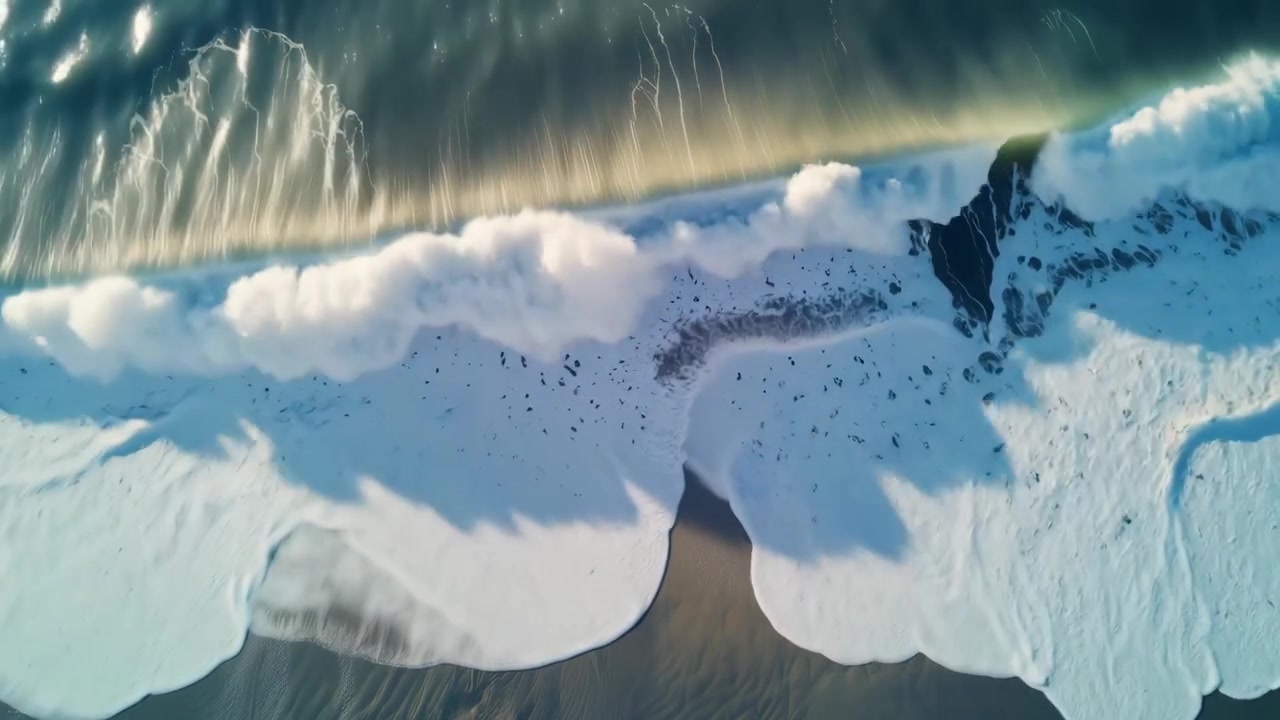 Aerial View of Ocean Waves Crashing on Sandy Beach