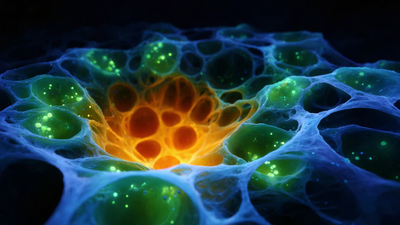 Abstract Digital Visualization of Microscopic Cells in Vibrant Colors Representing Cellular Structure and Interactions in a Complex Biological Environment