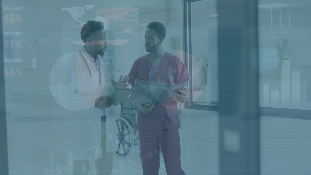 Animazione di elaborazione dati su due medici uomini afroamericani che discutono in ospedale.