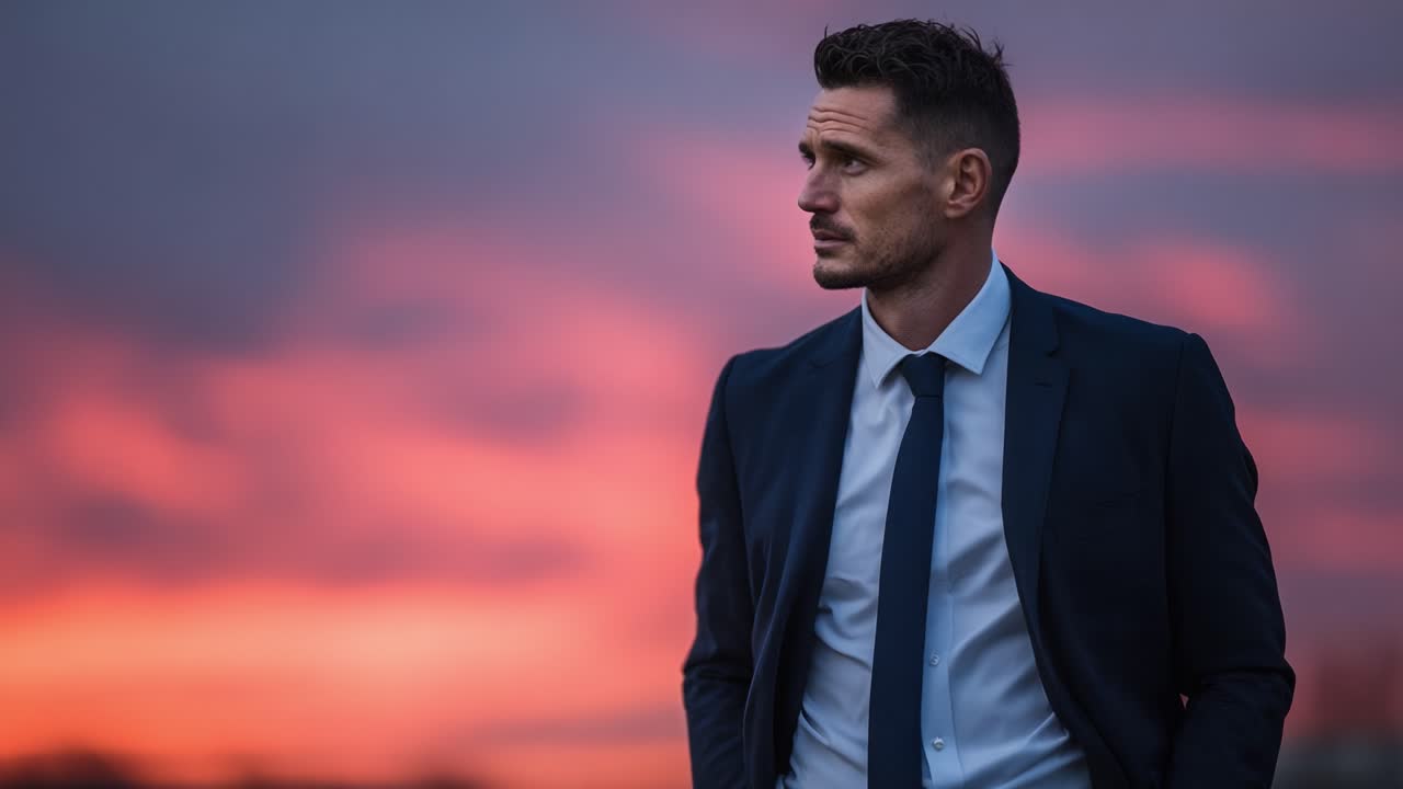 A Confident Man in Business Attire Contemplating Against a Colorful Sunset Sky, Exuding Charisma and Thoughtfulness in a Professional Setting