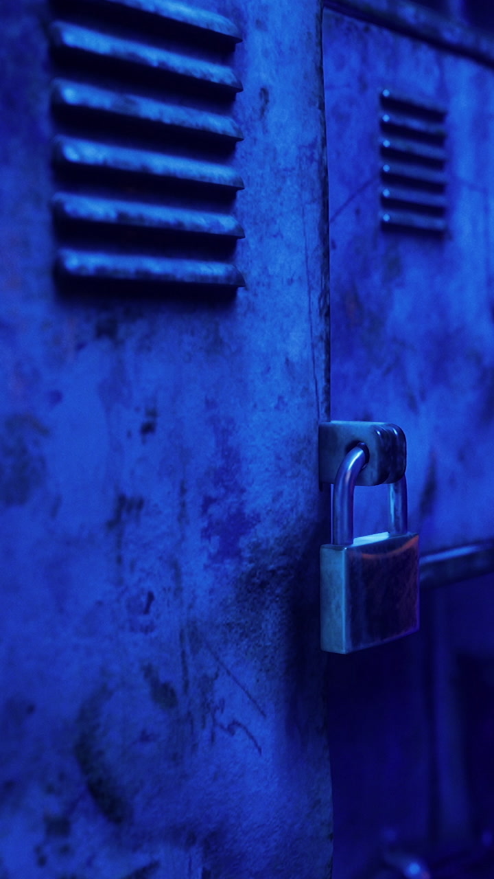 Old locker with padlock under blue light in a dim area