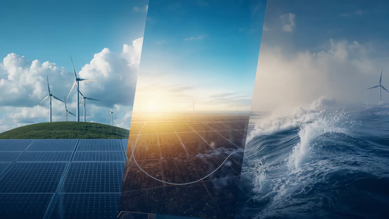 Sunrise starting triptych shifting onscreen, solar panels glowing, turbines turning for clean power