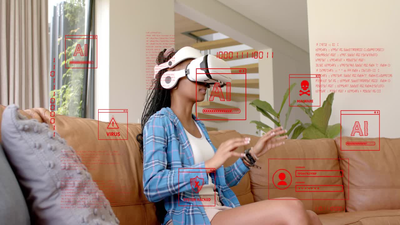 Woman in VR headset seeing red security UI alerts, reaching and pinching overlays to stop malware