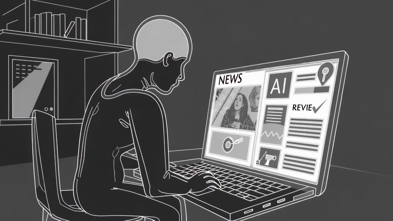 Person using a laptop and viewing news and ai review