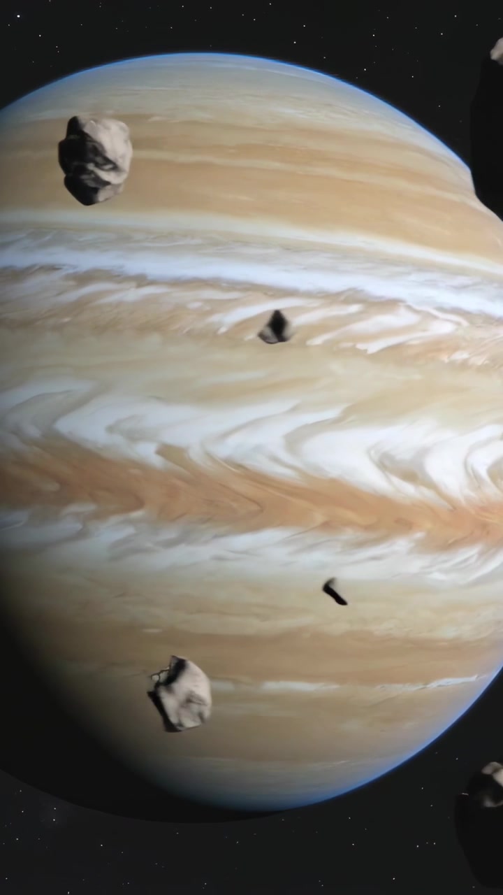 Vertical video: Dominating banded gas giant holding, gravity pulling asteroids across disk, stars