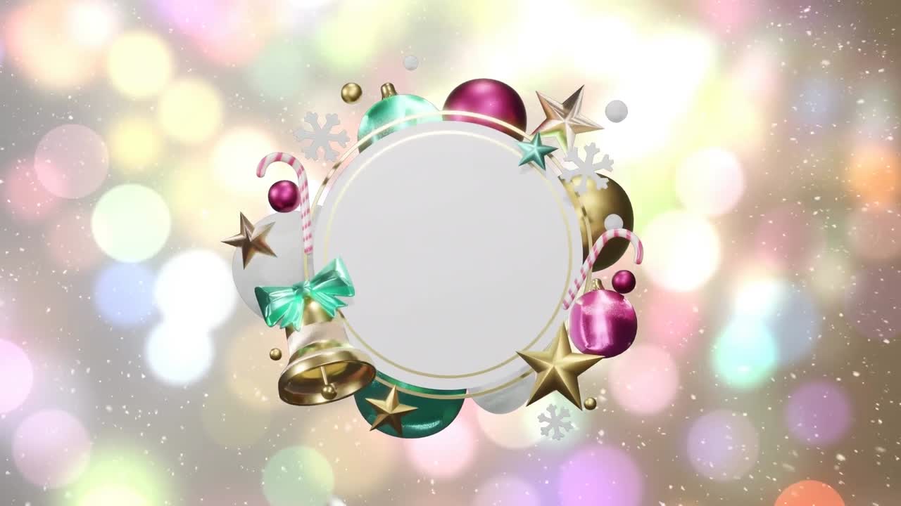 animación de nieve y decoraciones navideñas alrededor de un letrero circular blanco en blanco sobre luces desenfocadas