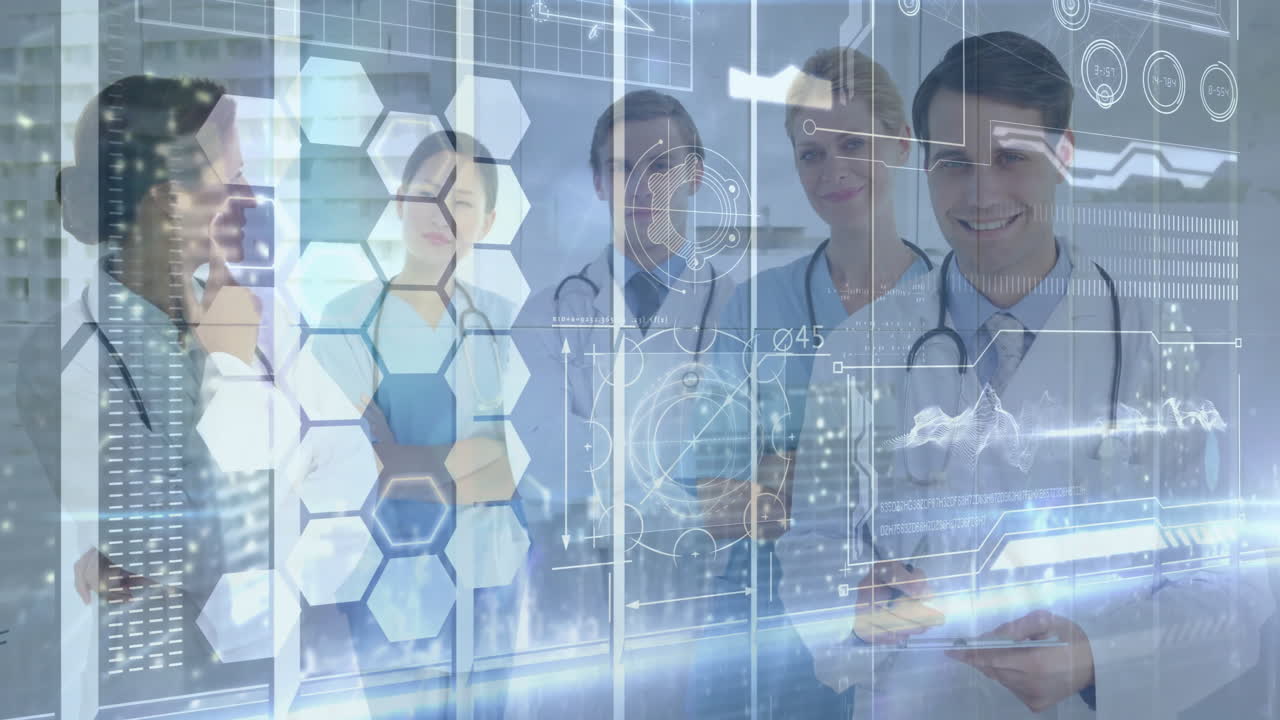 Discussing data, medical professionals using futuristic animation in hospital setting