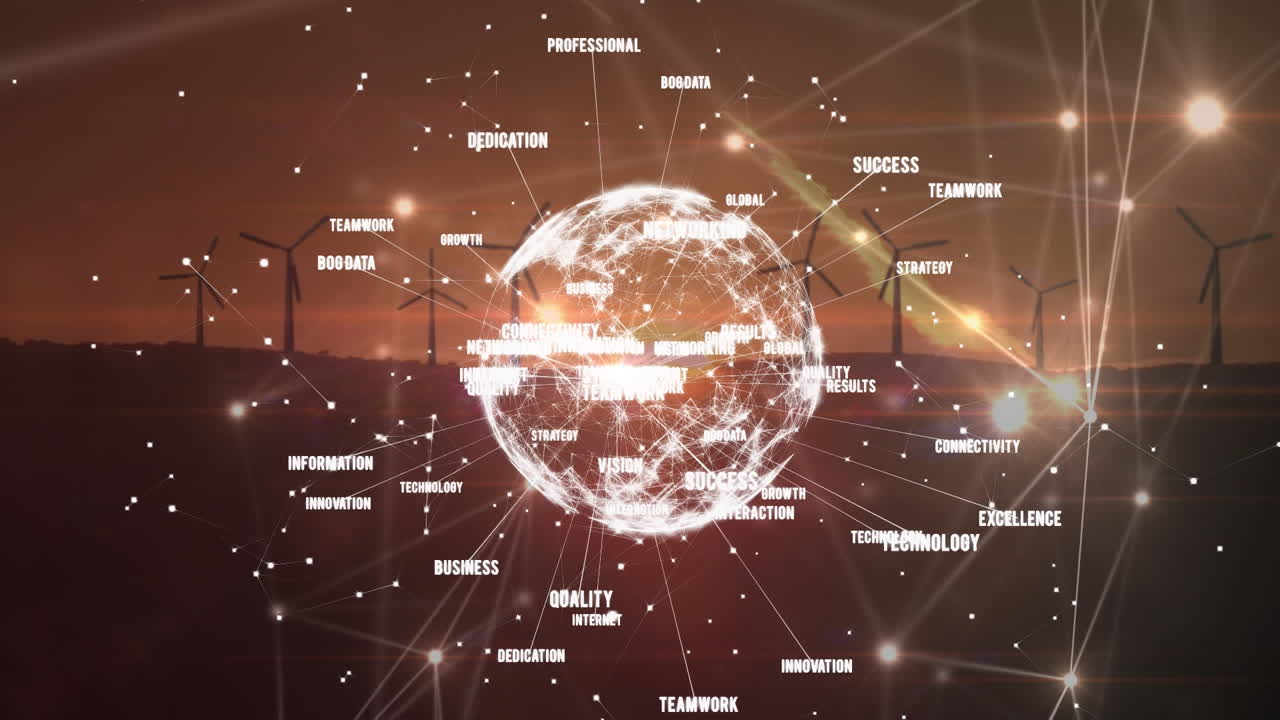 풍력 터빈 위에서 회전하는 단어와 연결의 지구의 애니메이션