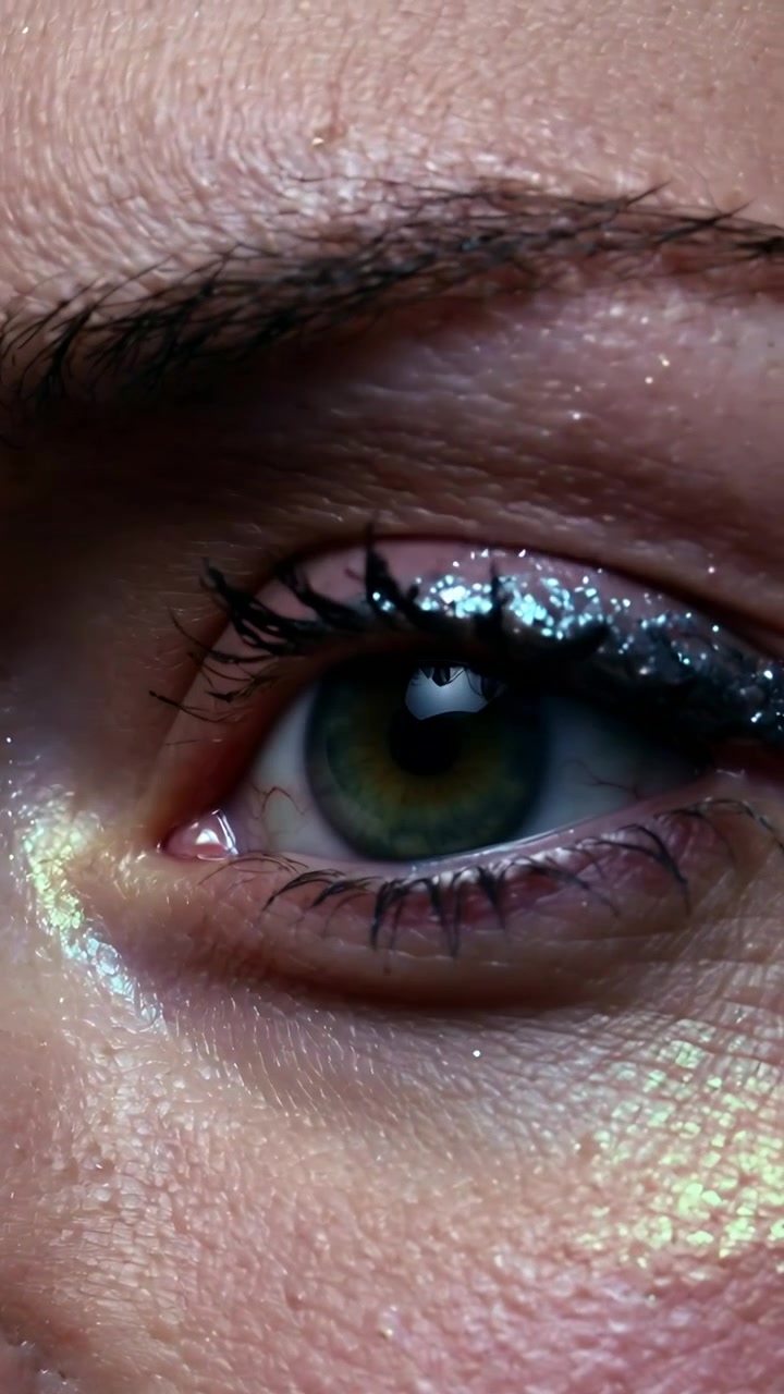 Vertical video: Reacting to light, woman's eye blinking slowly in studio close-up, showing glitter