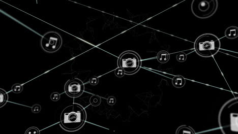 animación de la red de conexiones con iconos en fondo negro