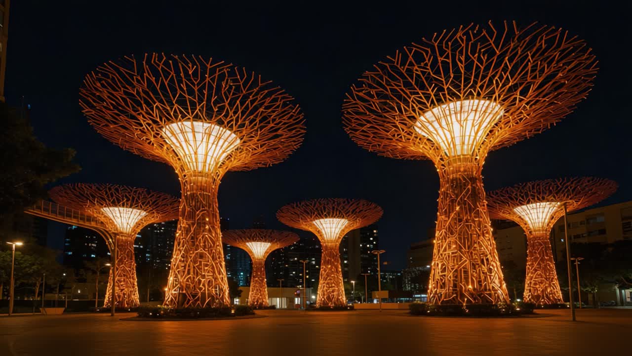 Illuminated Tree Structures at Night: Stunning Urban Landscape Showcasing Artful Design and Modern Architecture in a City Park