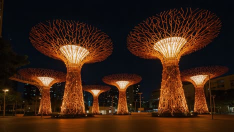 illuminated tree structures at night: stunning urban landscape showcasing artful design and modern architecture in a city park