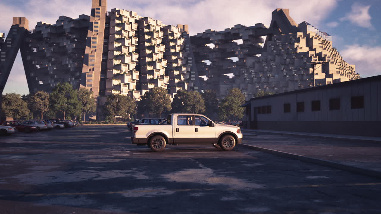 Bílý pickup zaparkovaný poblíž moderní architektonické stavby za denního světla
