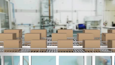 Animation-of-cardboard-boxes-moving-on-conveyor-belts-in-warehouse