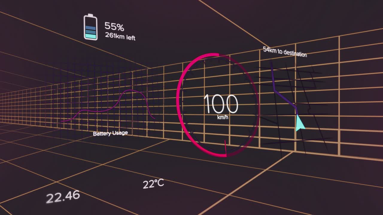 Opening speed gauge climbing then decelerating while visualizing battery icon and speed data