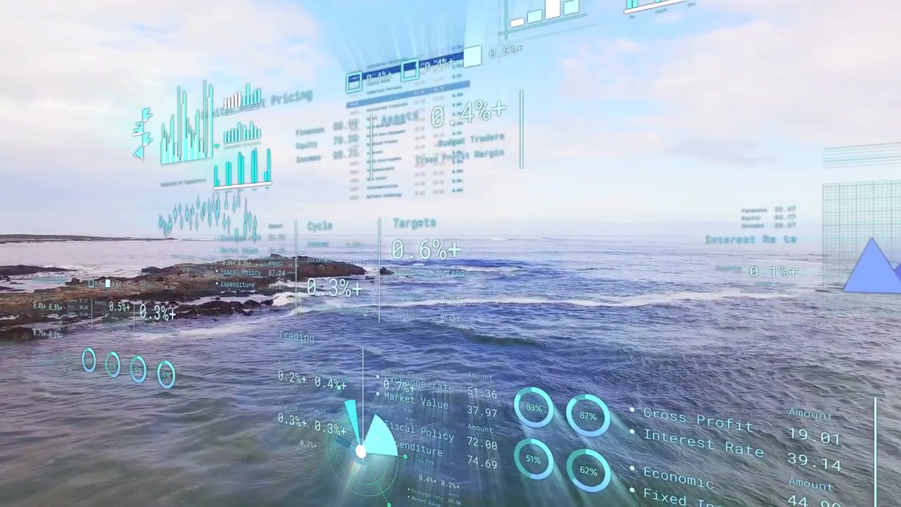 Scene opening, HUD appearing over ocean, panels drifting and charts animating showing market trends