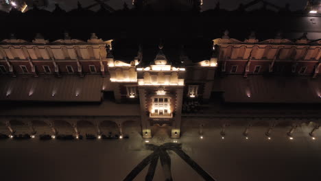 Winter-in-Krakow,-Poland---Aerial-view-of-Sukiennice---Cloth-Hall