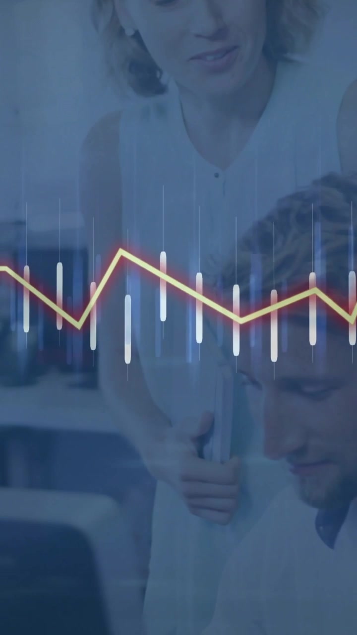 Vertical video: Woman leaning with tablet guiding man checking tech charts overlaying screen