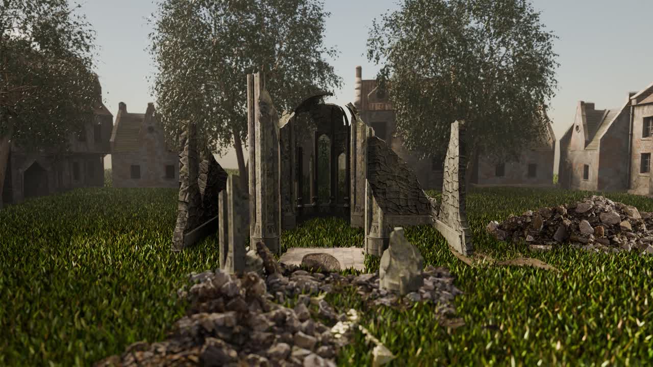 3D animation showing a close-up zoom on the ruins of a destroyed church