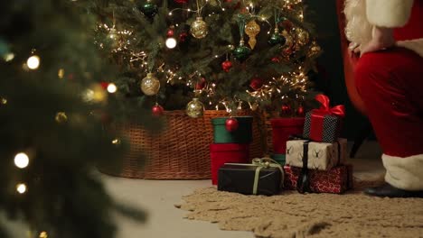 santa joyfully prepares gifts under a decorated christmas tree santa claus is seen in a cozy spot by a decorated tree joyfully placing gifts beneath it embodying the spirit of christmas cheer