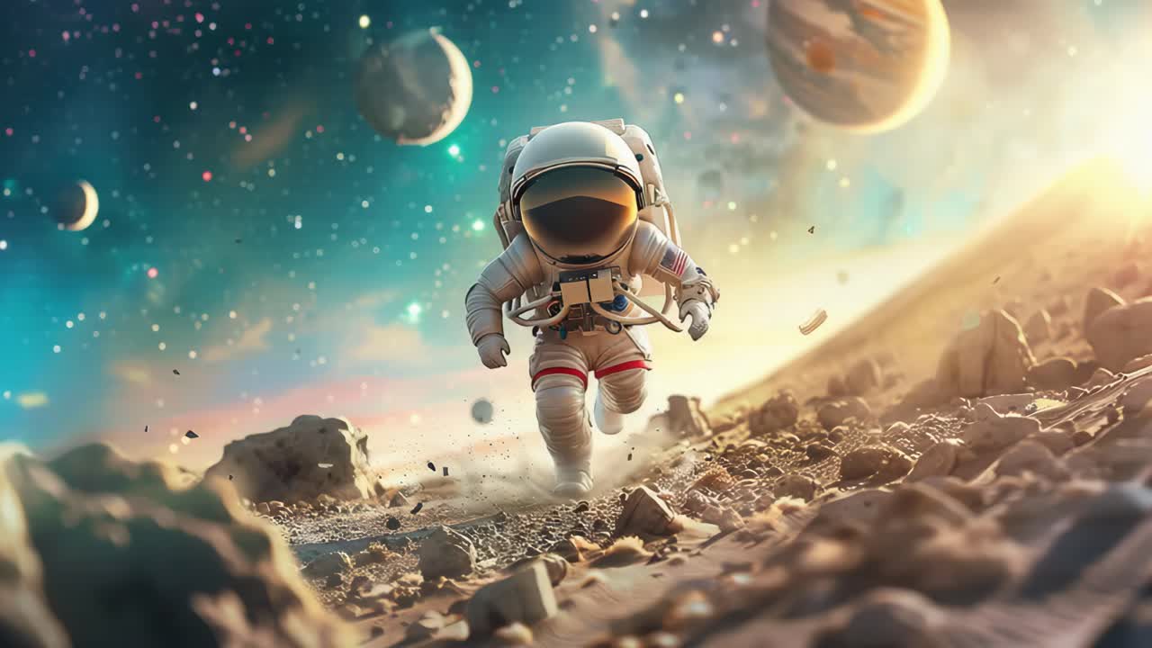A Cute Astronaut Running Through Space