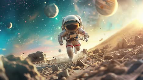 a cute astronaut running through space