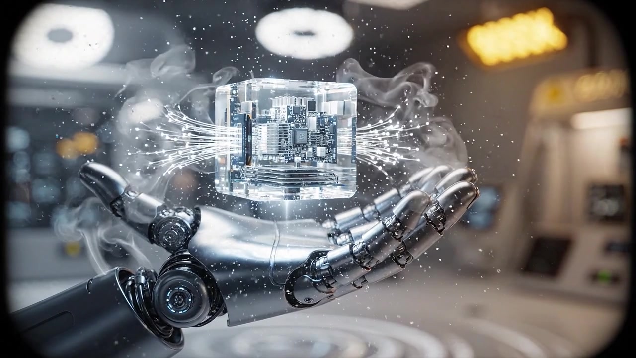 A futuristic robotic hand delicately holds a transparent microchip glowing with intricate circuitry in a high-tech laboratory setting, illustrating advanced technology.