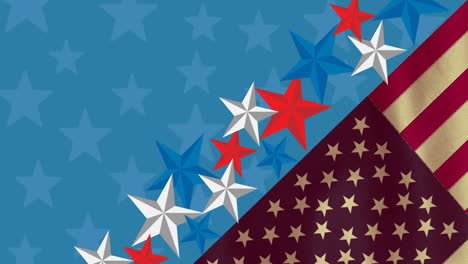 animation of american flag and stars moving over blue background