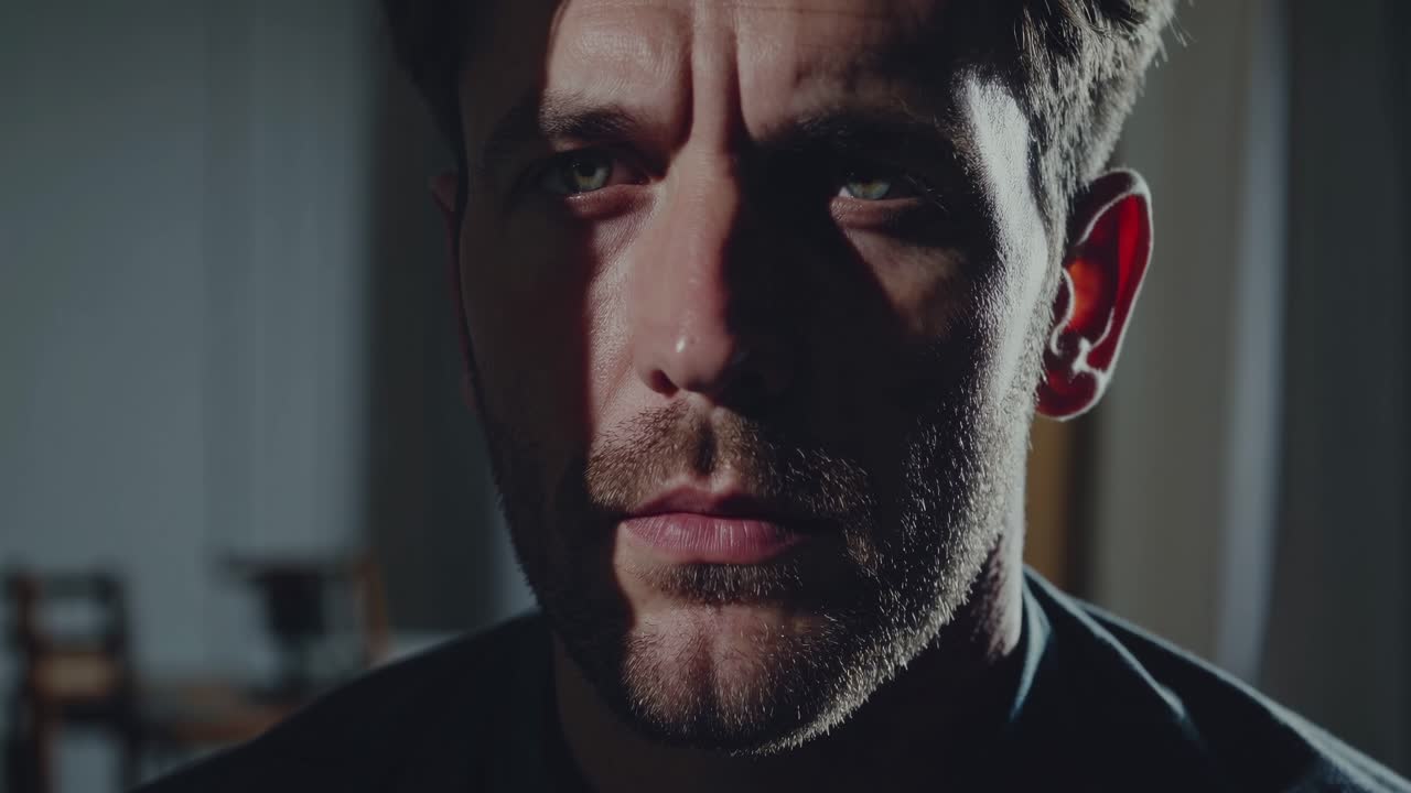Moody close-up video shot with dramatic side lighting, highlighting facial features
