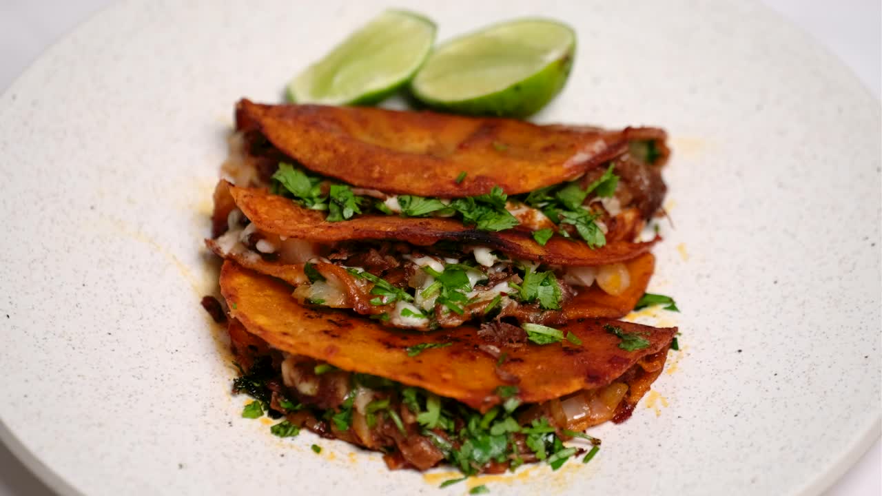 quesabirria tacos en el plato girando en la perezosa susan