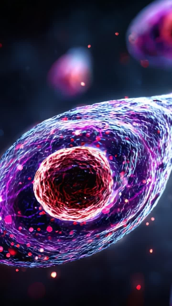 Ipnotico primo piano di cellule vibranti in un ambiente cosmico: uno straordinario viaggio visivo attraverso le complessità della vita microscopica