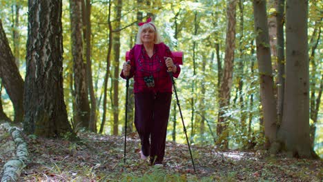 Senior-old-Caucasian-tourist-hiker-grandmother-training-Nordic-walking-with-trekking-poles-in-forest