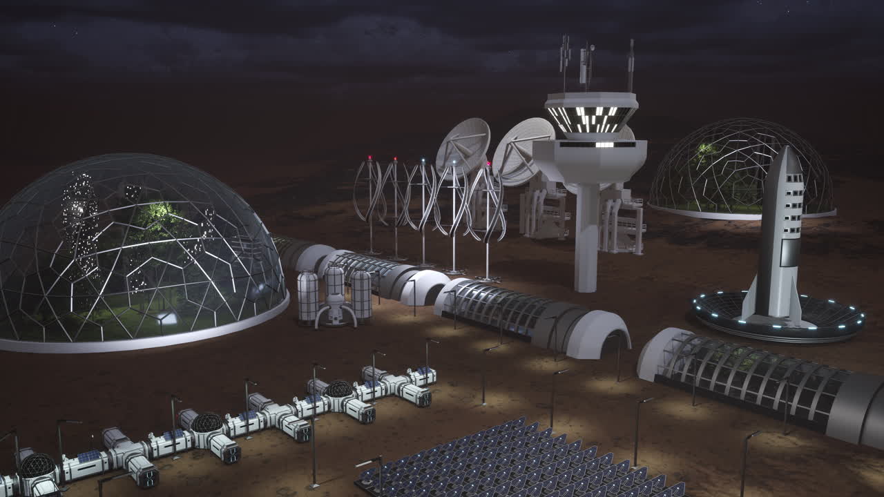 Mars colony command center used for planet terraforming project at night