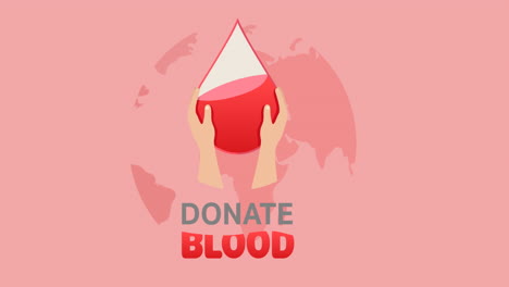 animation of donate blood text, with hands and droplet logo over globe, on pink background
