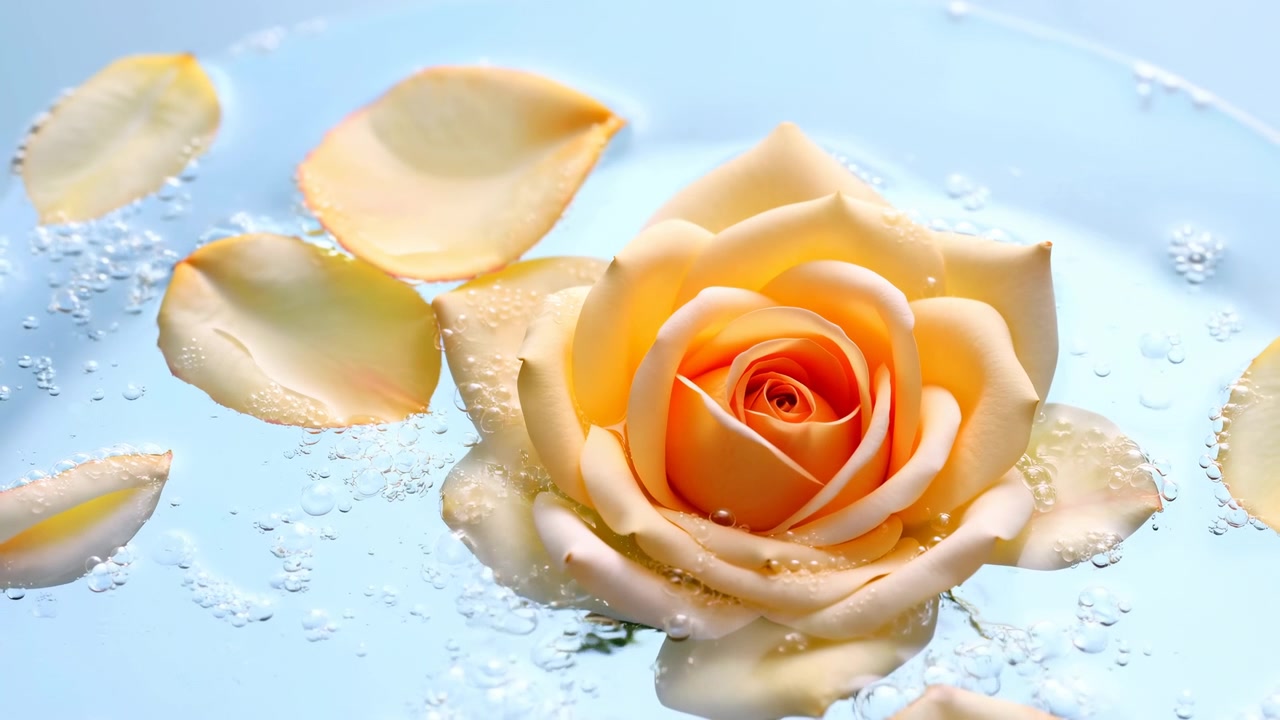 Una singola rosa color pesca poggia su uno sfondo azzurro, circondata da petali sparsi e sottili goccioline d'acqua in una luce morbida e brillante.
