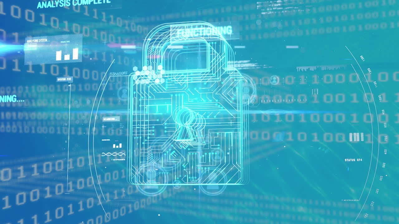 Animation of digital padlock over binary code and data processing