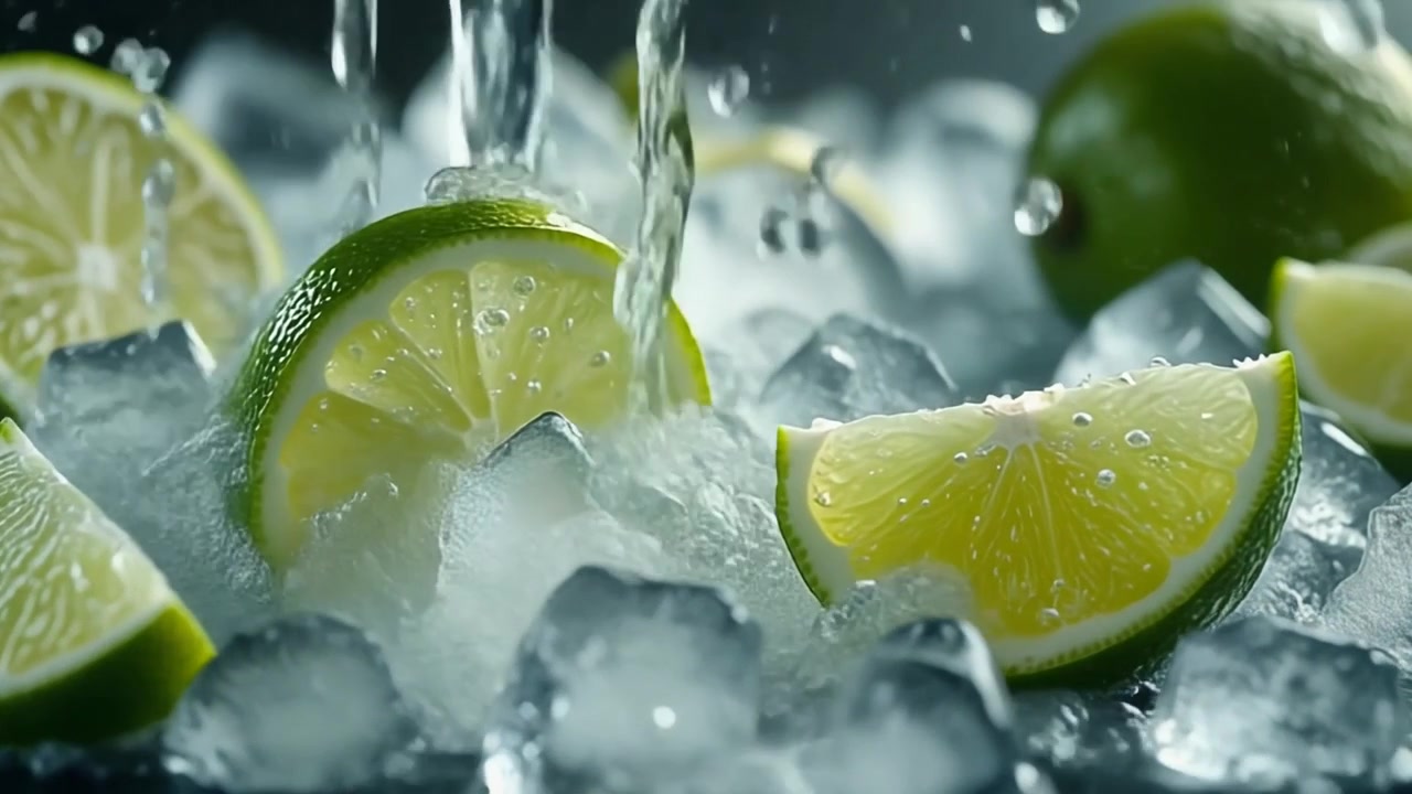 Acqua che si versa su fette di lime fresco e cubetti di ghiaccio.