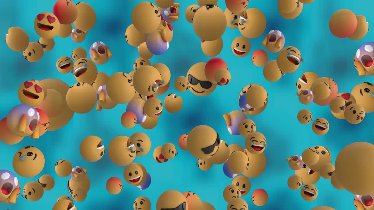 animación de varios emojis que caen sobre un fondo azul