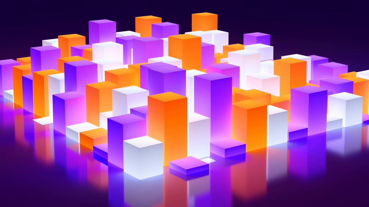 Abstract illuminated blocks in orange, white, and purple form a digital scene across a dark backdrop, with soft reflections, neon highlights, and a modern