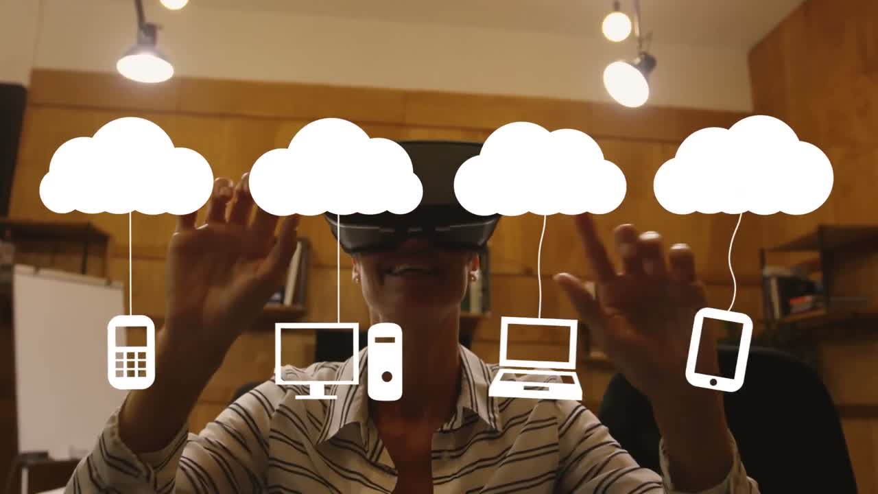 Animation of social media icons over caucasian woman wearing vr headset