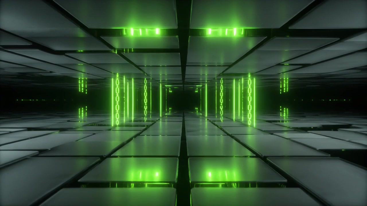 Abstract 3D Tunnel with Glowing Green Neon Lights and Metallic Tiles
