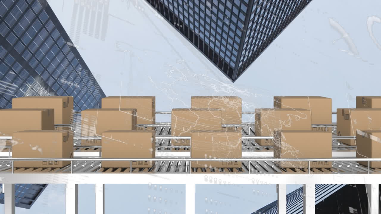 컨베이어 벨트에 있는 카드보드 상자 위에서 통계 처리의 애니메이션