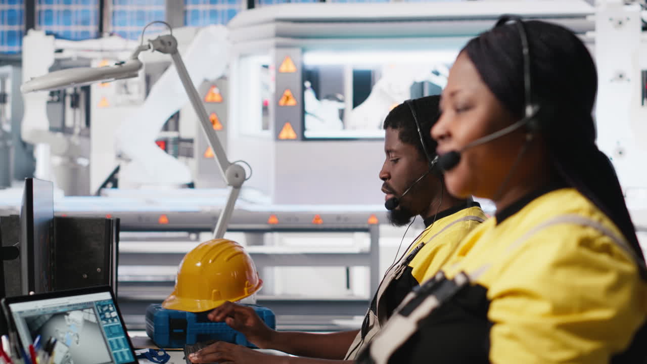 Vertical Video Solar energy female expert providing remote support in solar panel plant