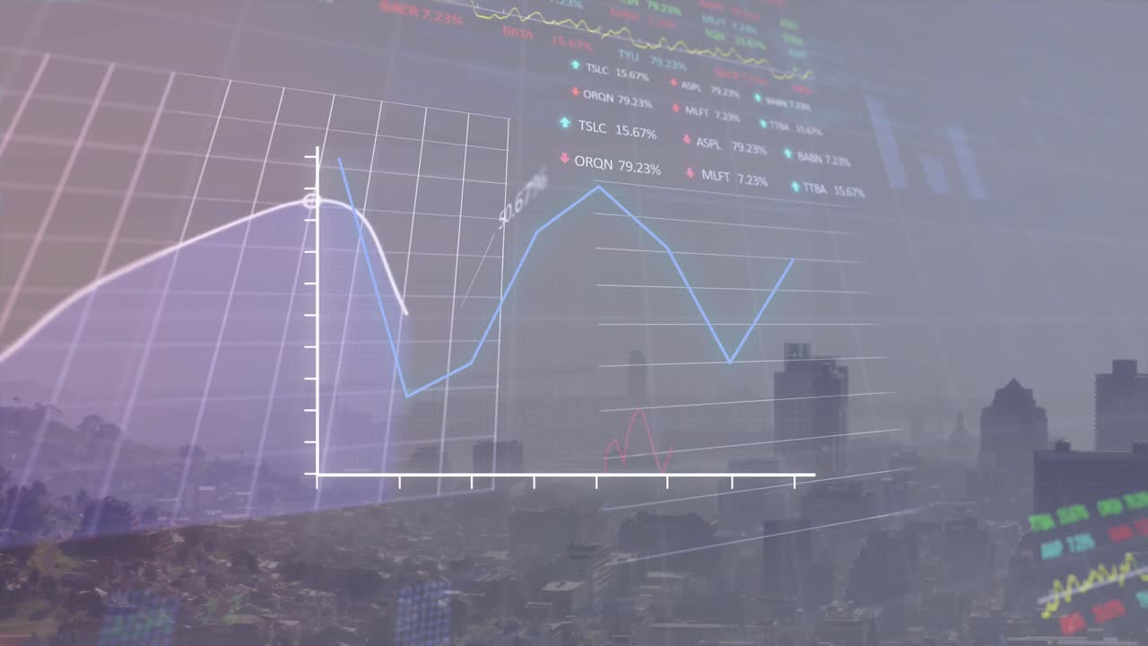 animación de gráficos con procesamiento de datos financieros en la interfaz digital contra el paisaje urbano