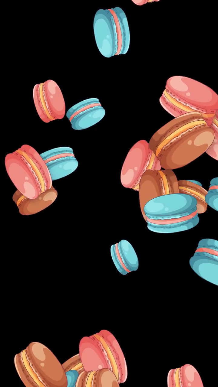 Animated colorful macarons falling vertically through a black frame in a playful, dynamic motion.