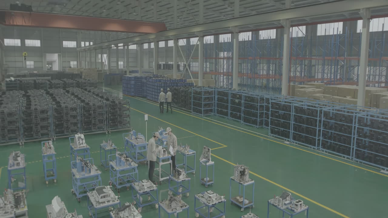 Industrial professional technical mechanic holding tablet or clipboard, checking list inventory of car engine in warehouse logistic. Man at work walking around automotive engine part factory