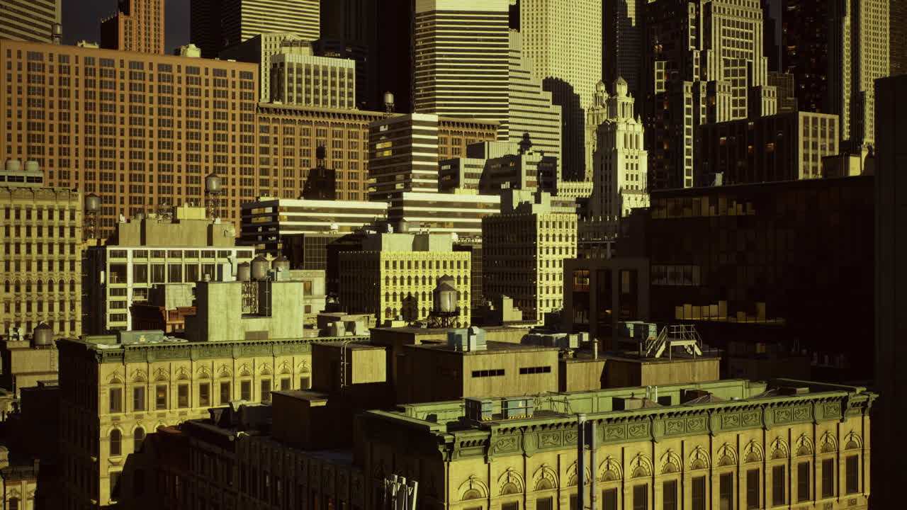 Vibrant urban skyline showcasing diverse architecture at sunset